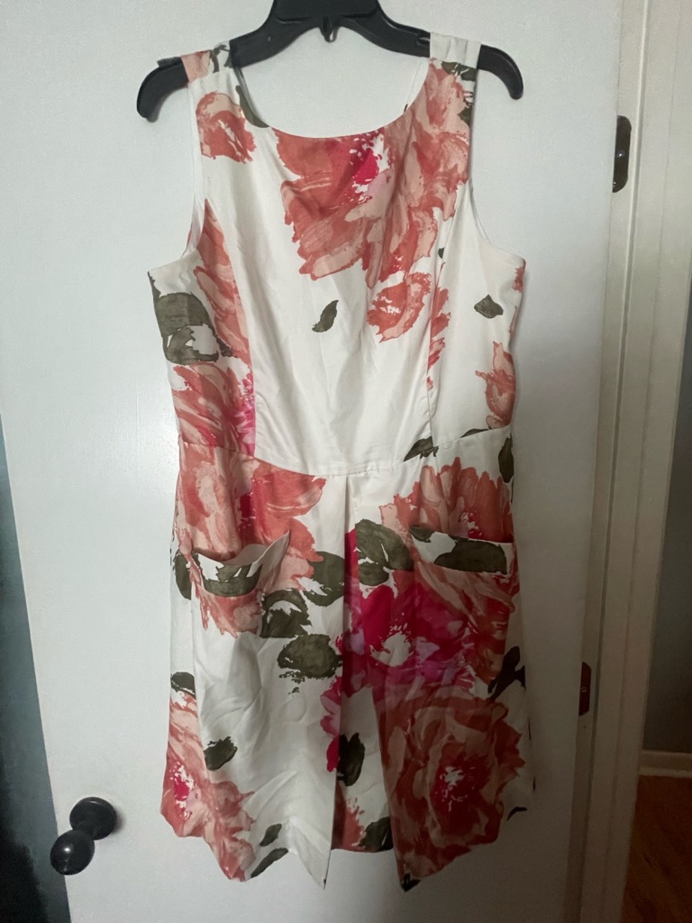 Floral Sleeveless A-Line Dress in White, Coral & Olive